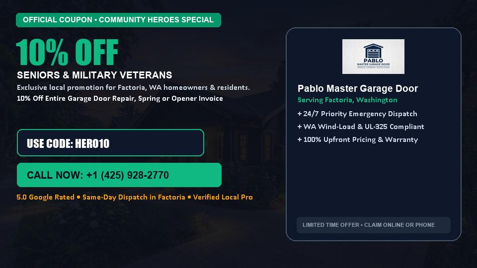 Pablo Master Garage Door 10% OFF Seniors & Military Veterans in Factoria, WA